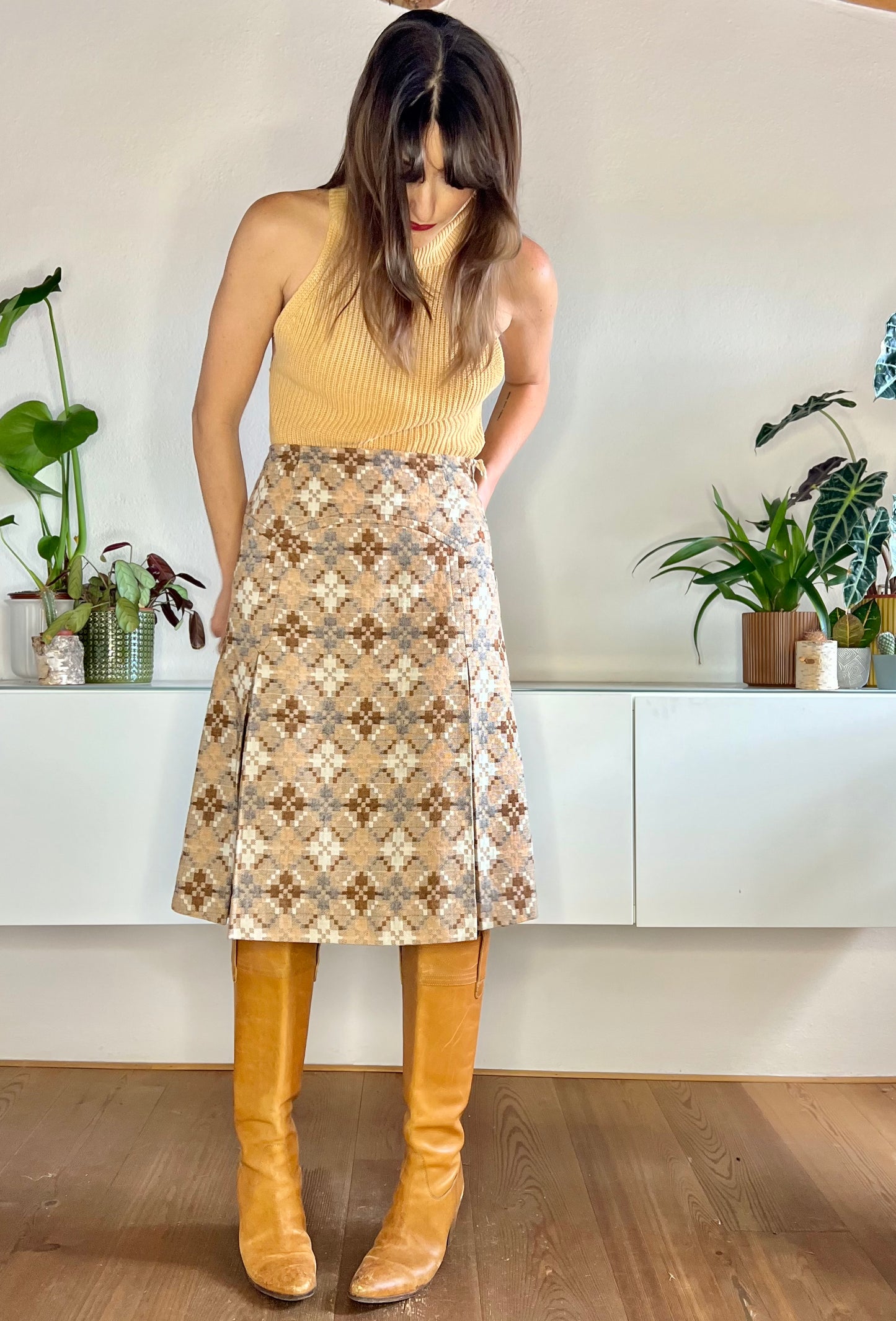 1970's vintage multi tonal brown and grey geometrical pattern pleated wool skirt