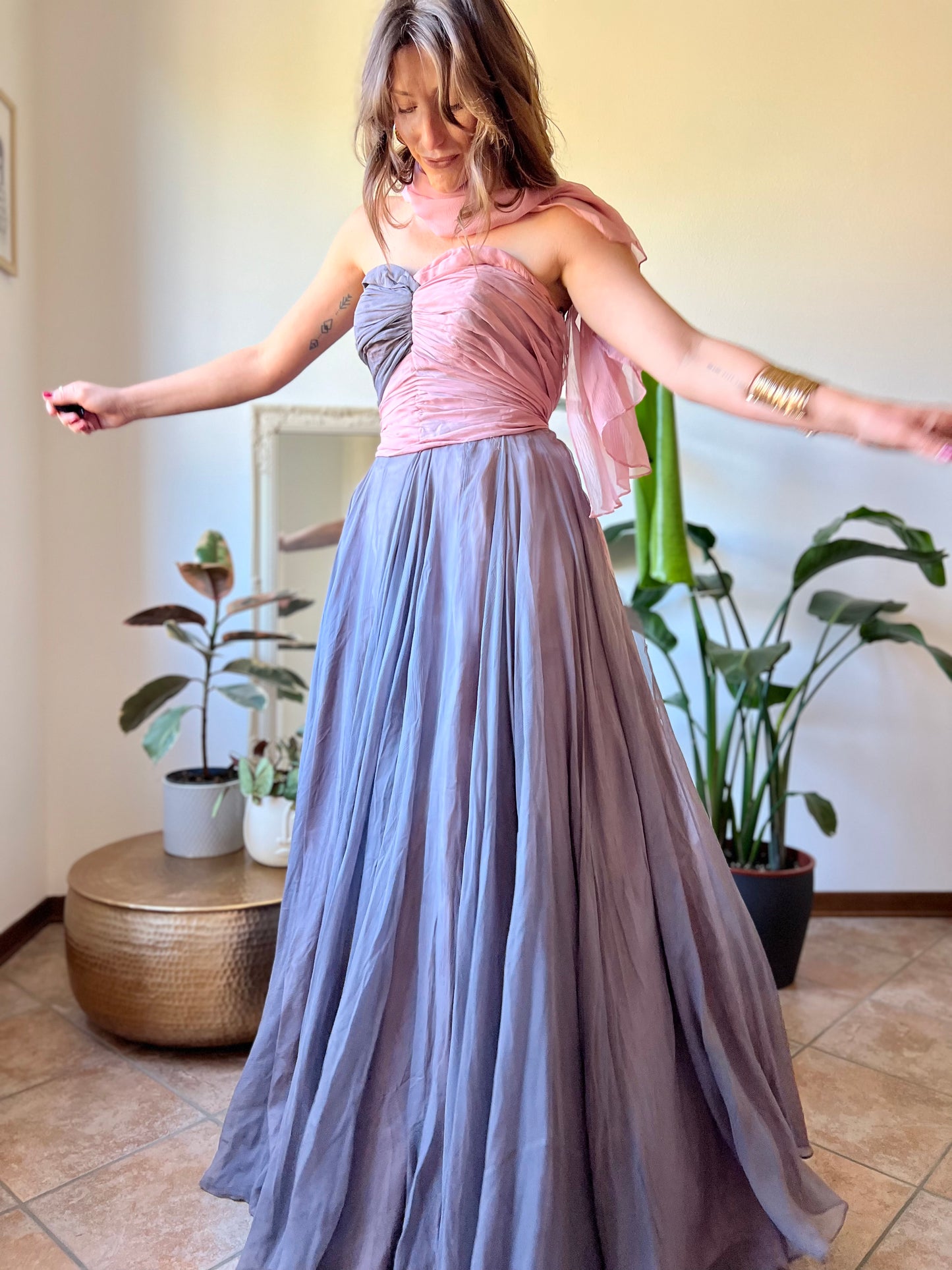 1950's vintage custom tailored powder pink and grey evening gown with matching scarf