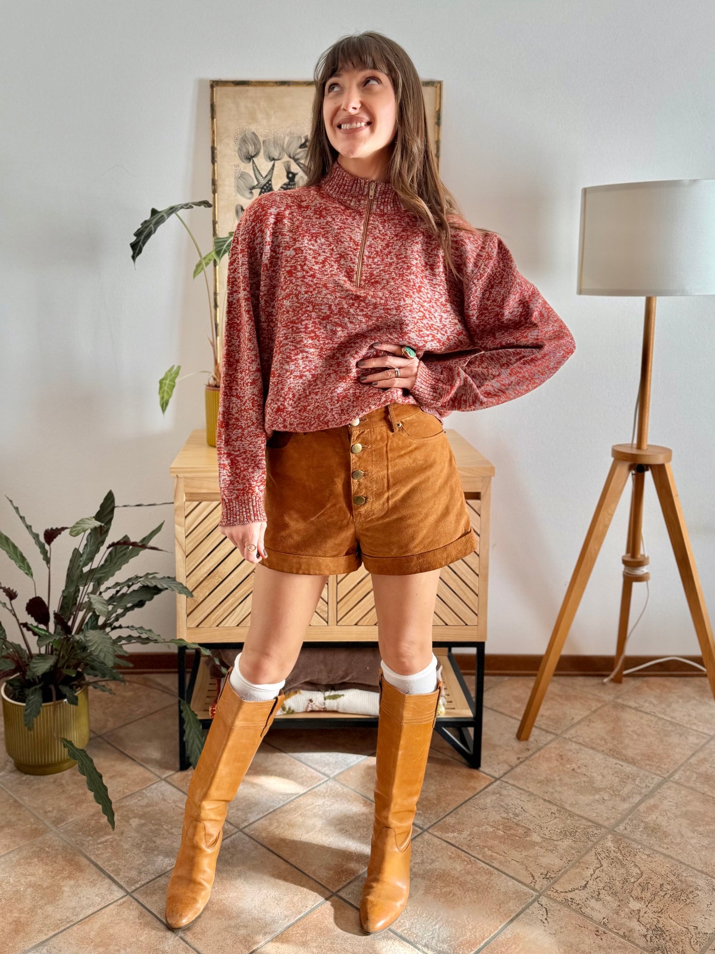 1990's vintage dark orange and grey knit half zip wool knit pullover