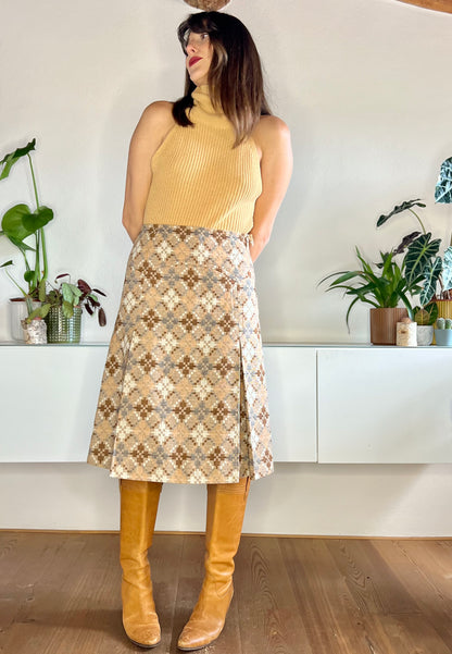 1970's vintage multi tonal brown and grey geometrical pattern pleated wool skirt