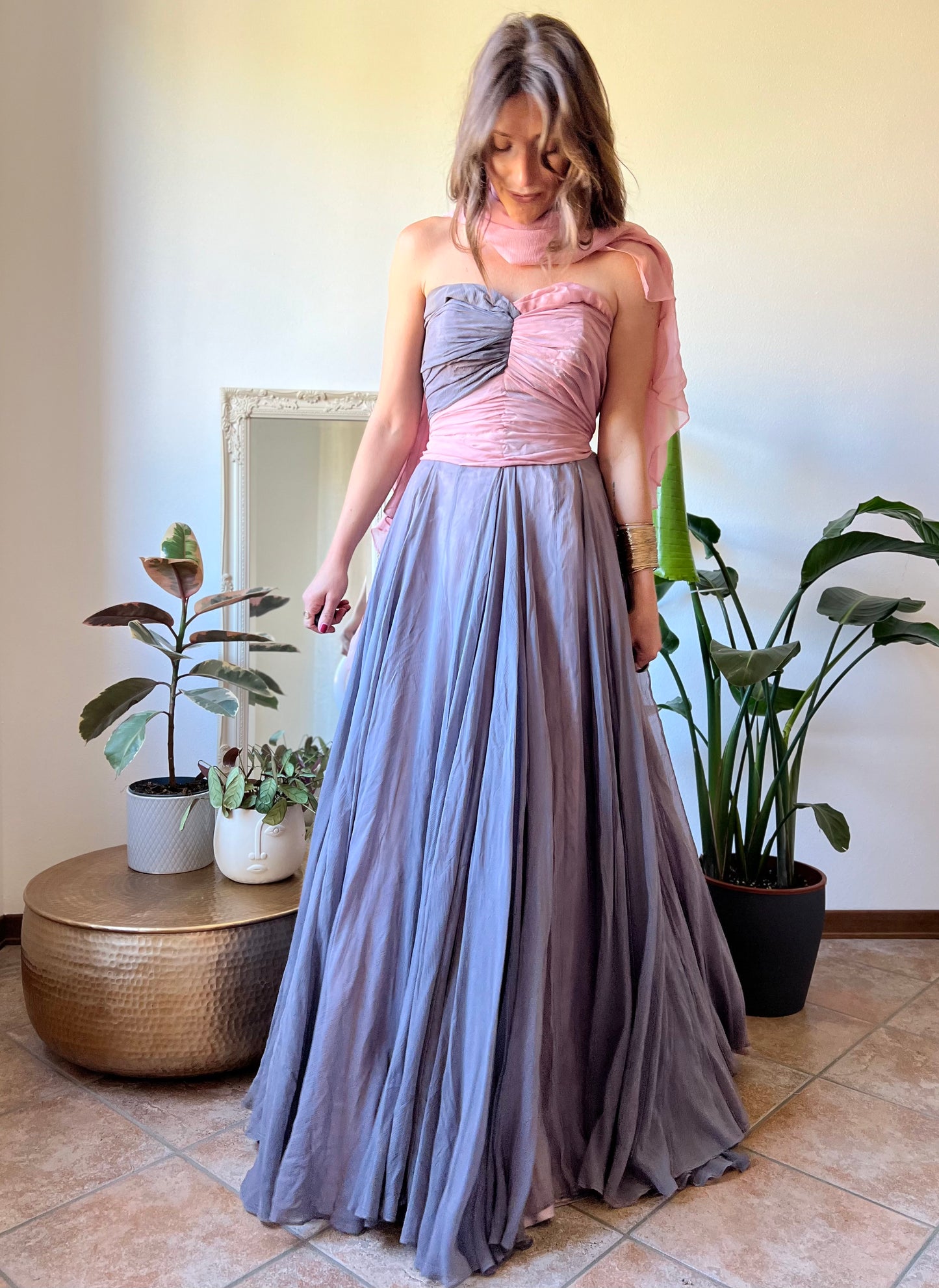 1950's vintage custom tailored powder pink and grey evening gown with matching scarf