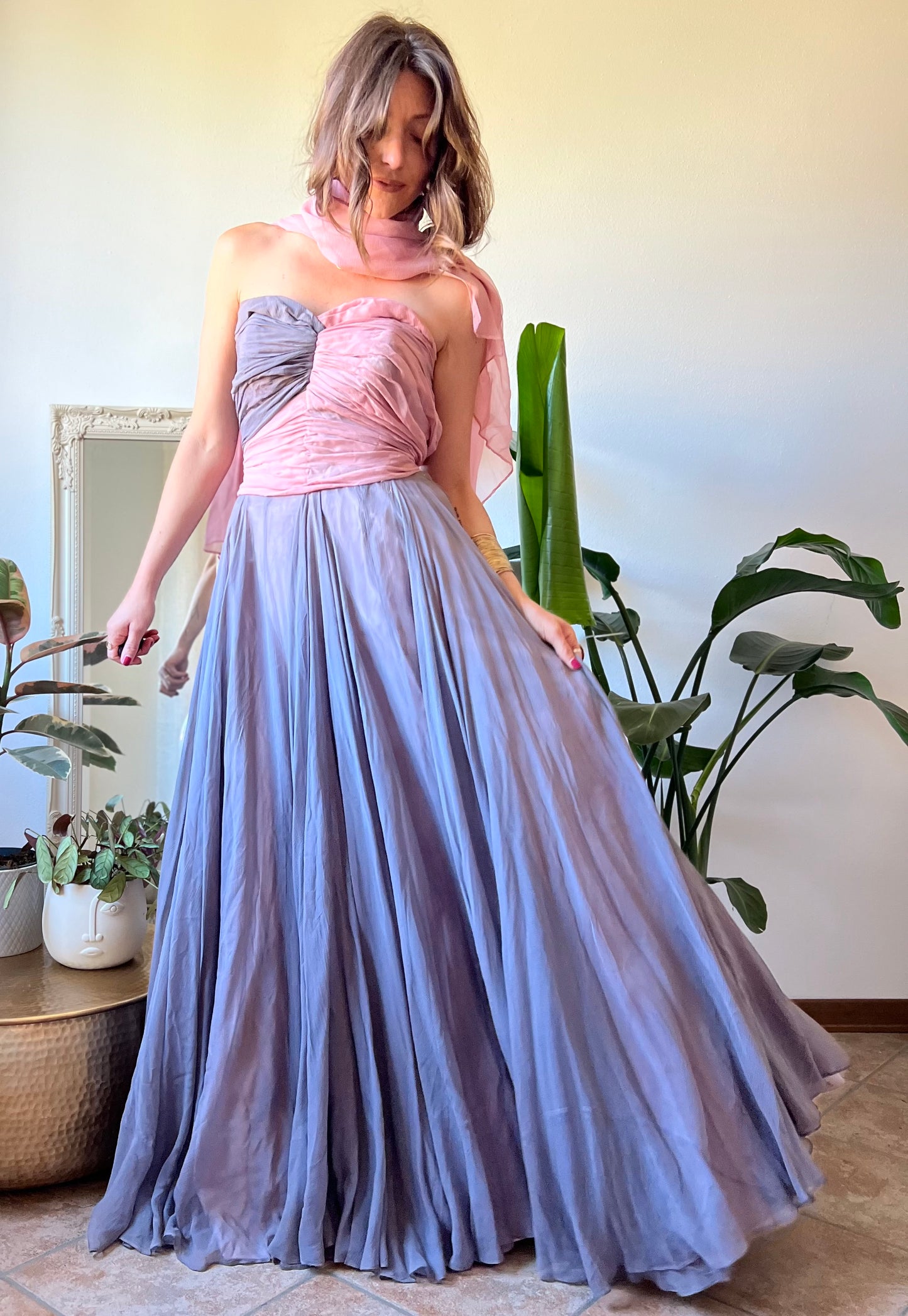 1950's vintage custom tailored powder pink and grey evening gown with matching scarf