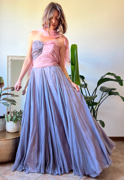 1950's vintage custom tailored powder pink and grey evening gown with matching scarf