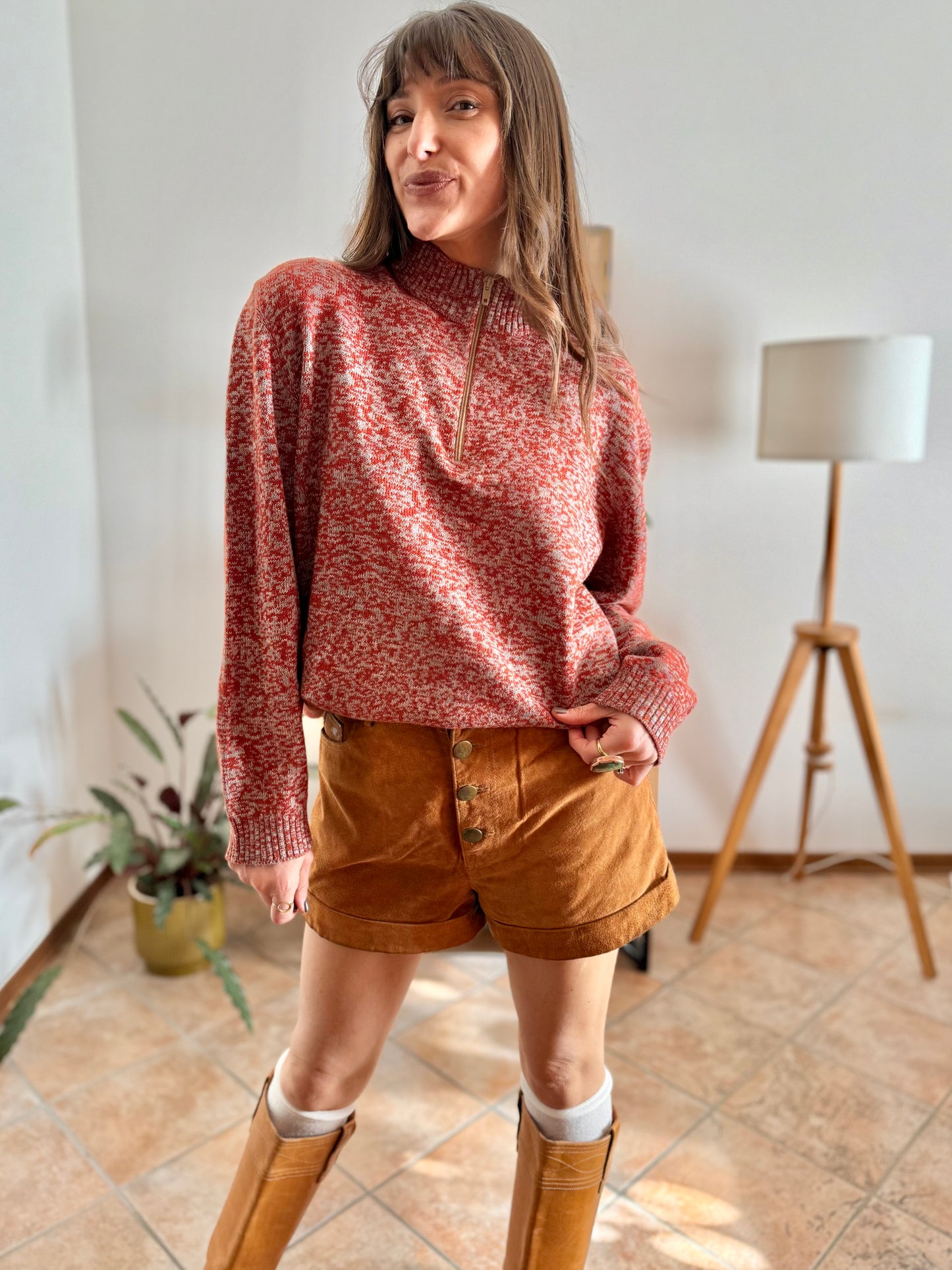 1990's vintage dark orange and grey knit half zip wool knit pullover