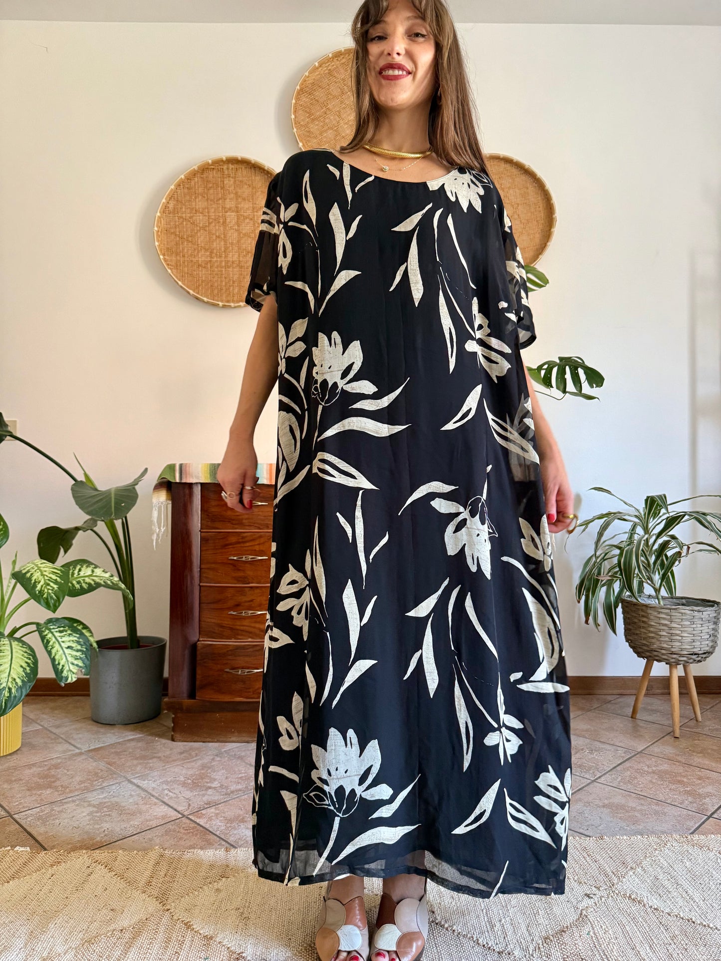 1990's vintage black floral maxi dress with beige and cream floral print