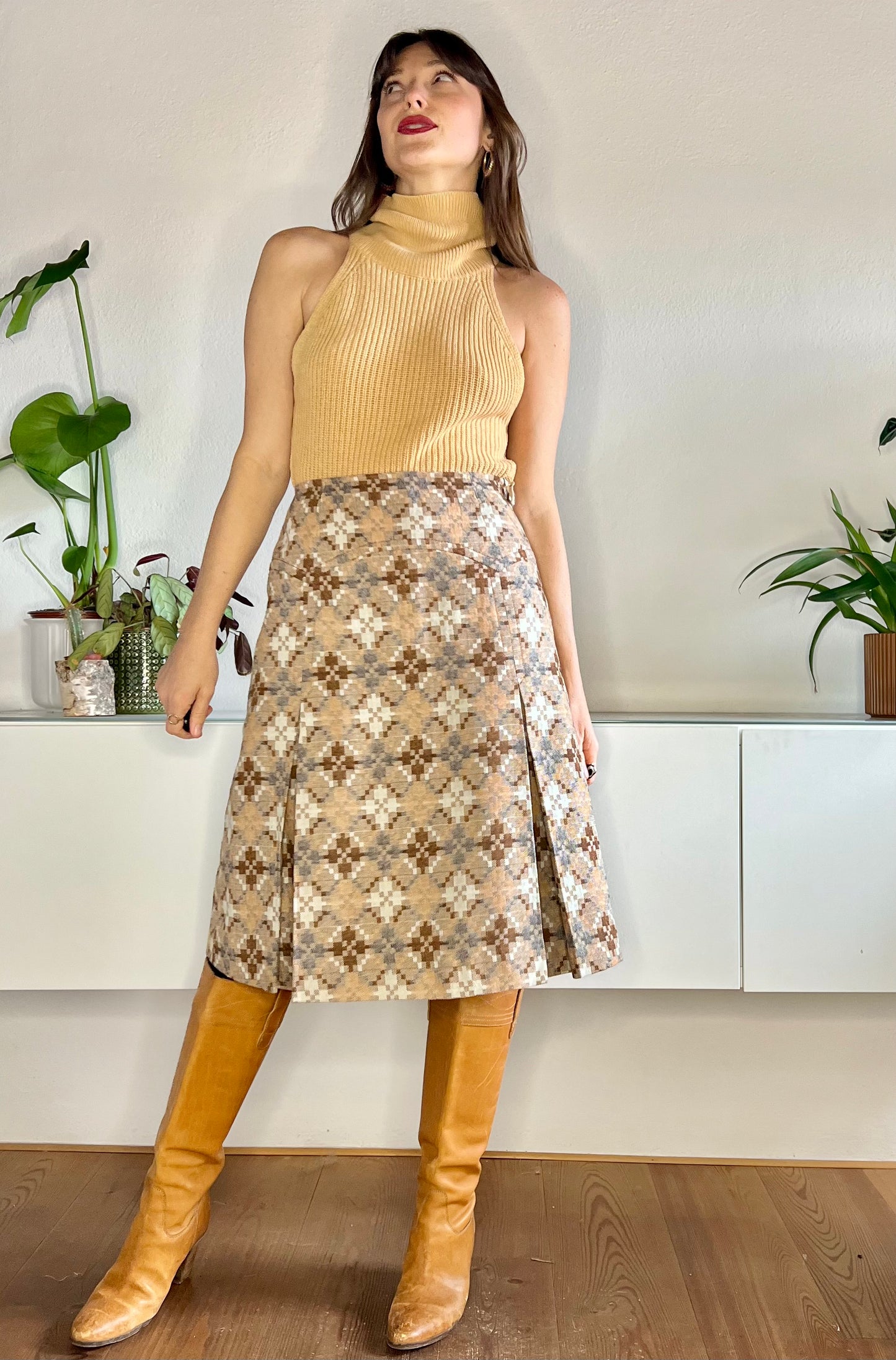 1970's vintage multi tonal brown and grey geometrical pattern pleated wool skirt