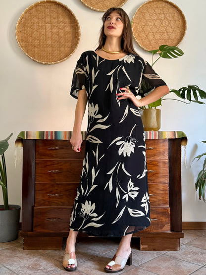 1990's vintage black floral maxi dress with beige and cream floral print