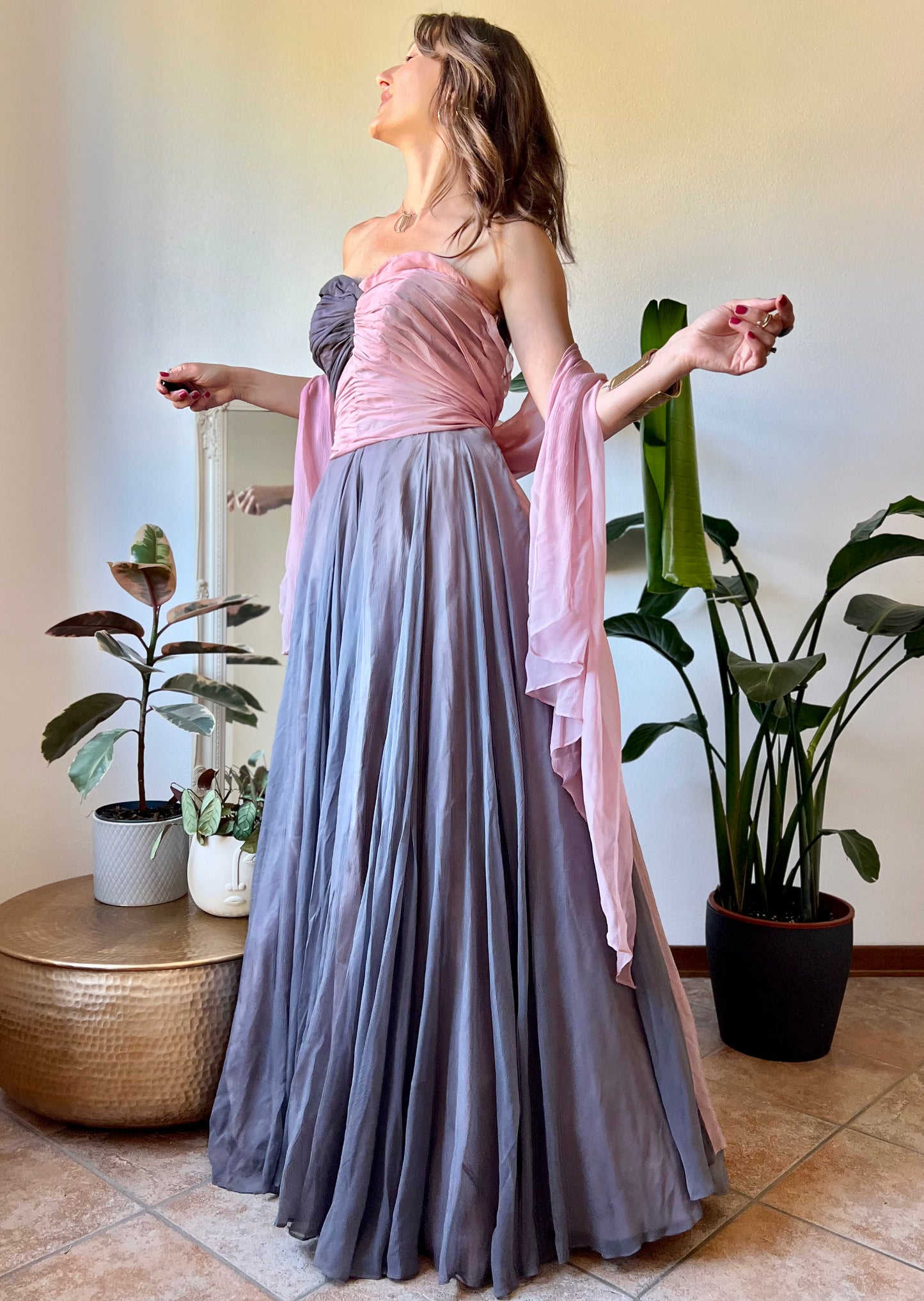 1950's vintage custom tailored powder pink and grey evening gown with matching scarf