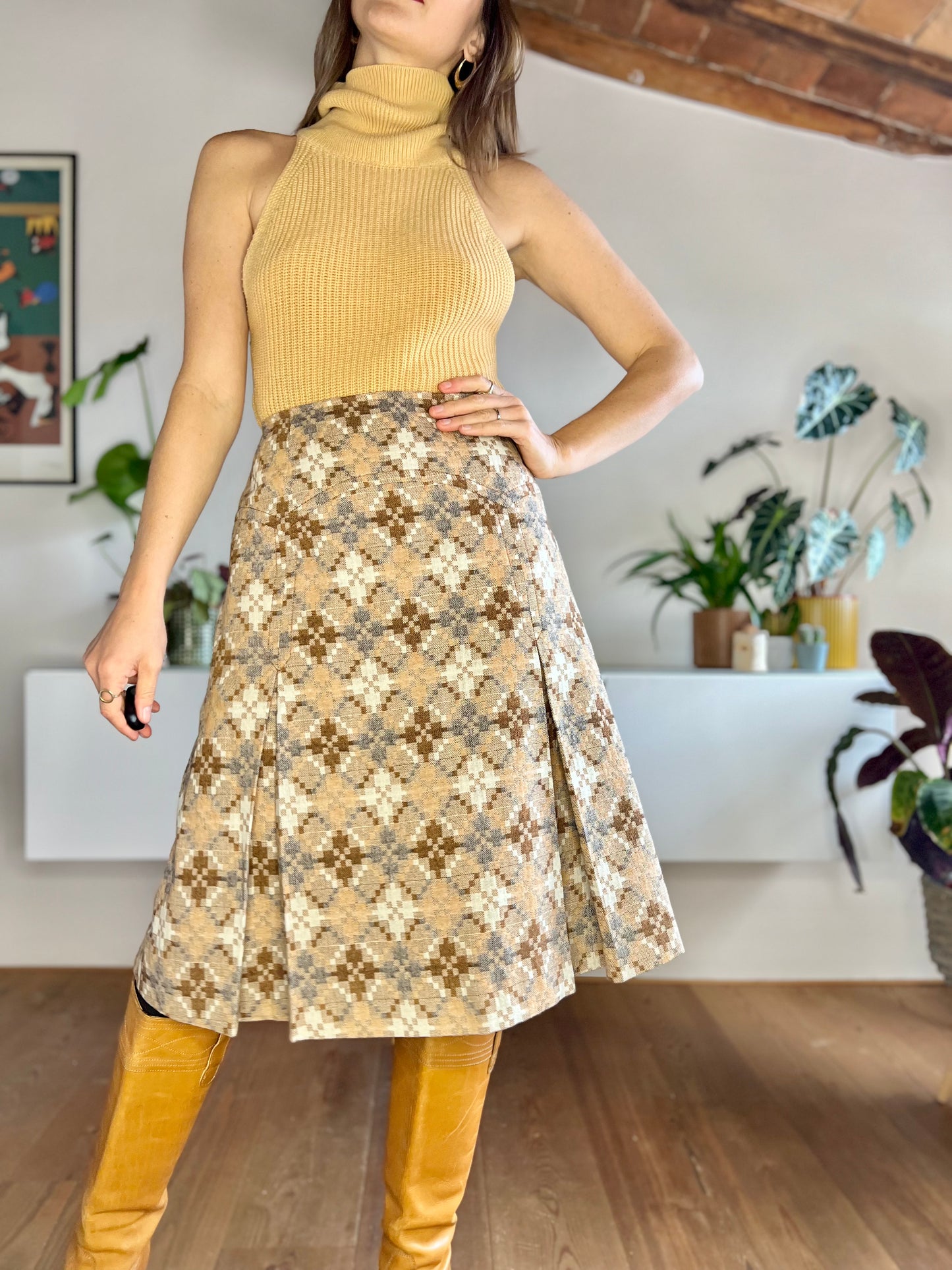 1970's vintage multi tonal brown and grey geometrical pattern pleated wool skirt