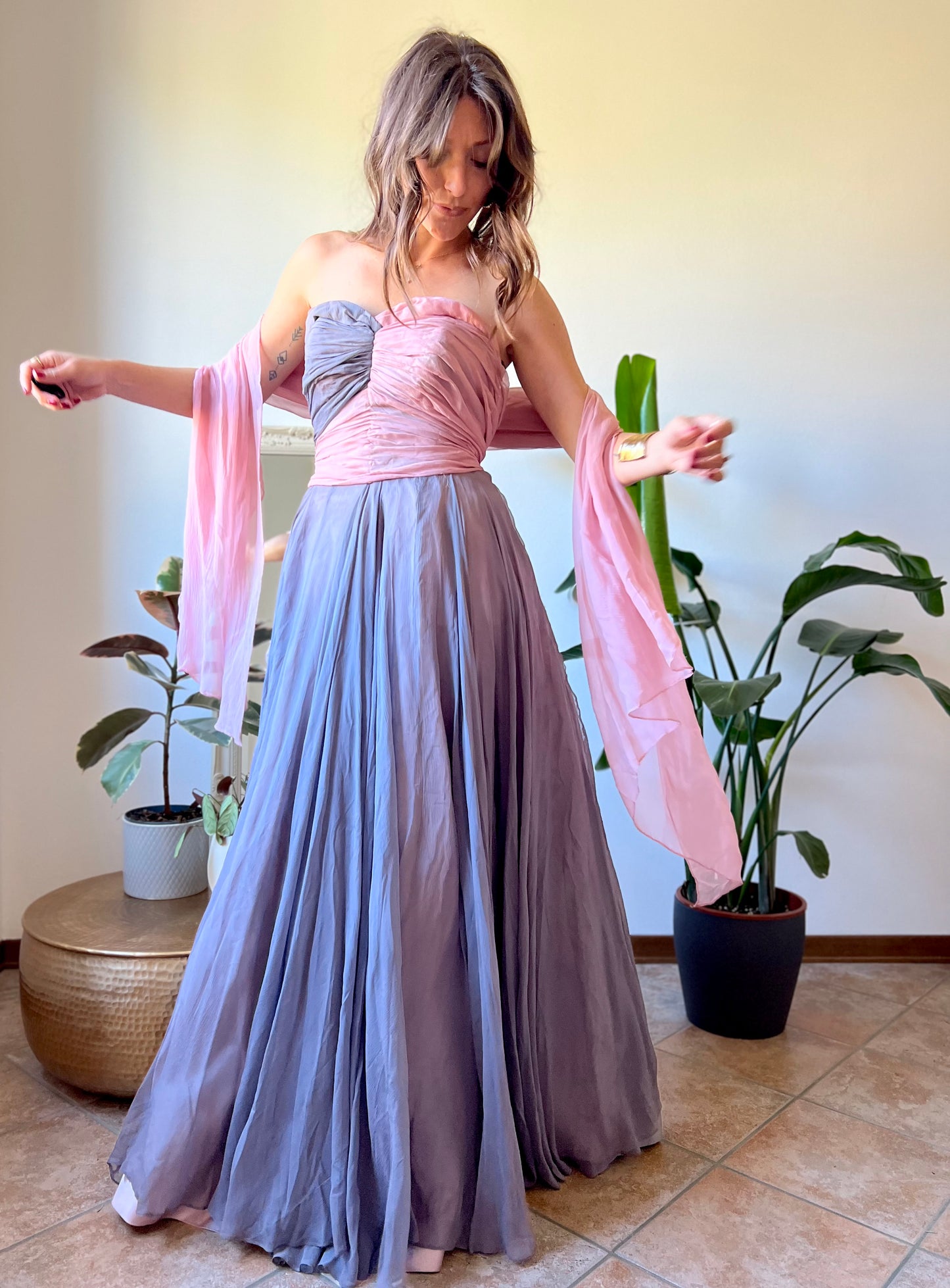 1950's vintage custom tailored powder pink and grey evening gown with matching scarf