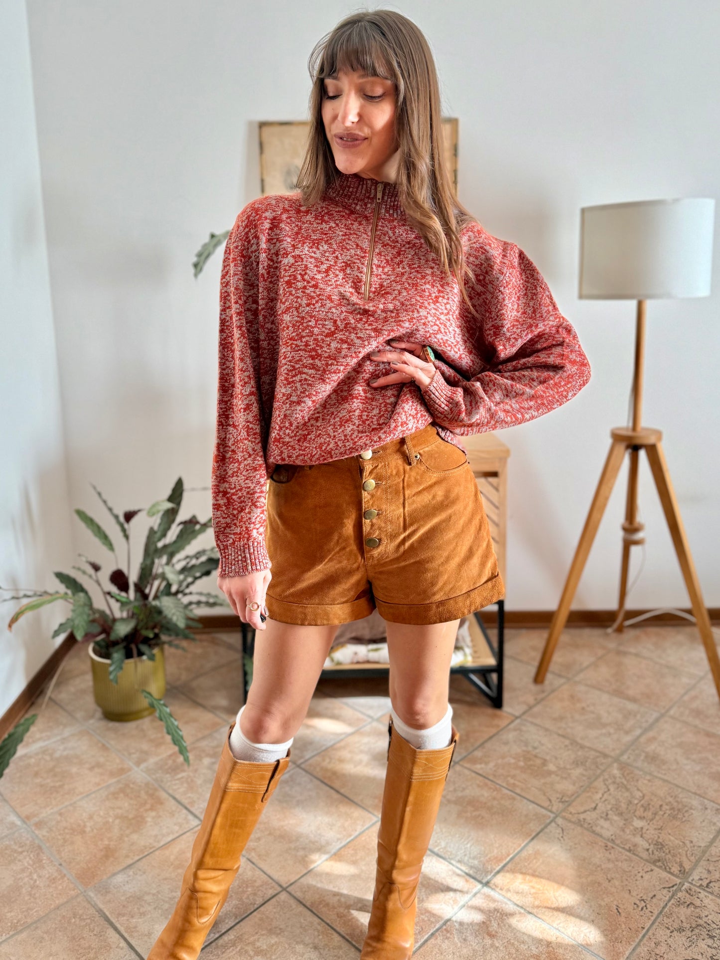 1990's vintage dark orange and grey knit half zip wool knit pullover