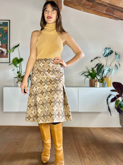 1970's vintage multi tonal brown and grey geometrical pattern pleated wool skirt