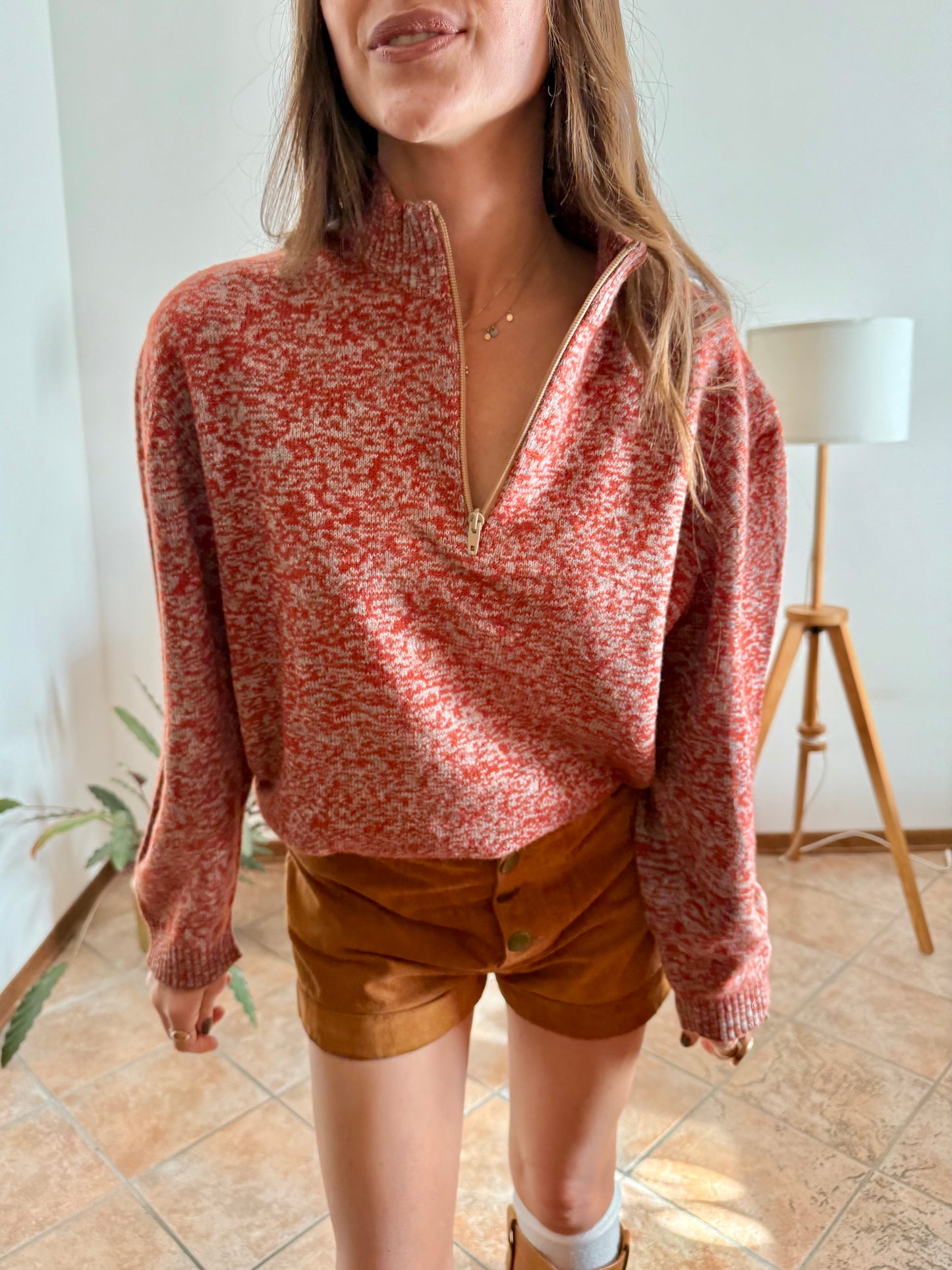 1990's vintage dark orange and grey knit half zip wool knit pullover