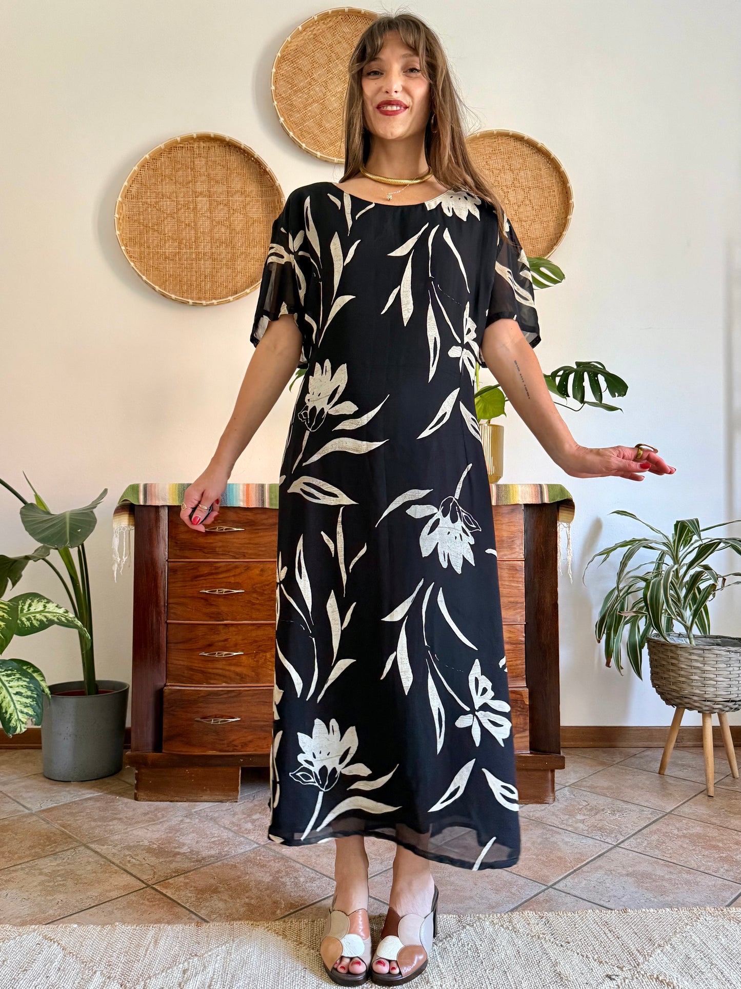 1990's vintage black floral maxi dress with beige and cream floral print