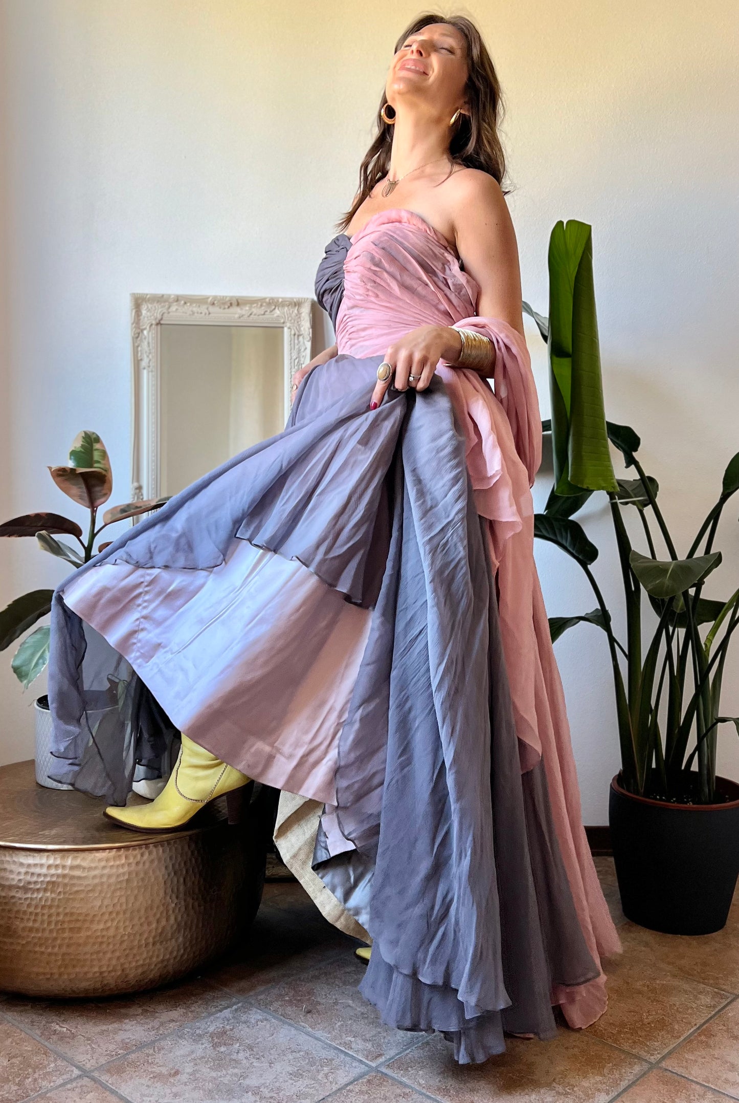 1950's vintage custom tailored powder pink and grey evening gown with matching scarf