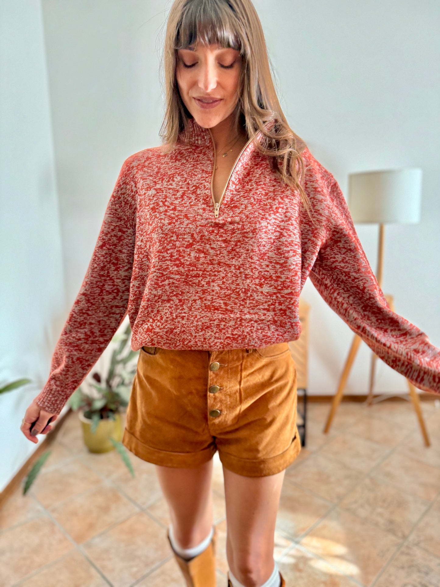 1990's vintage dark orange and grey knit half zip wool knit pullover