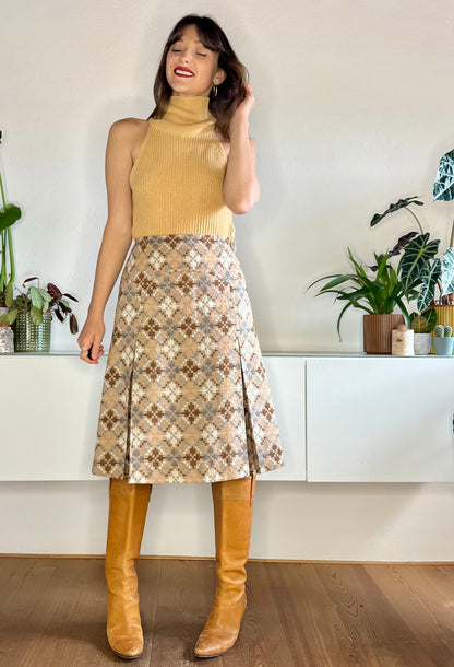 1970's vintage multi tonal brown and grey geometrical pattern pleated wool skirt