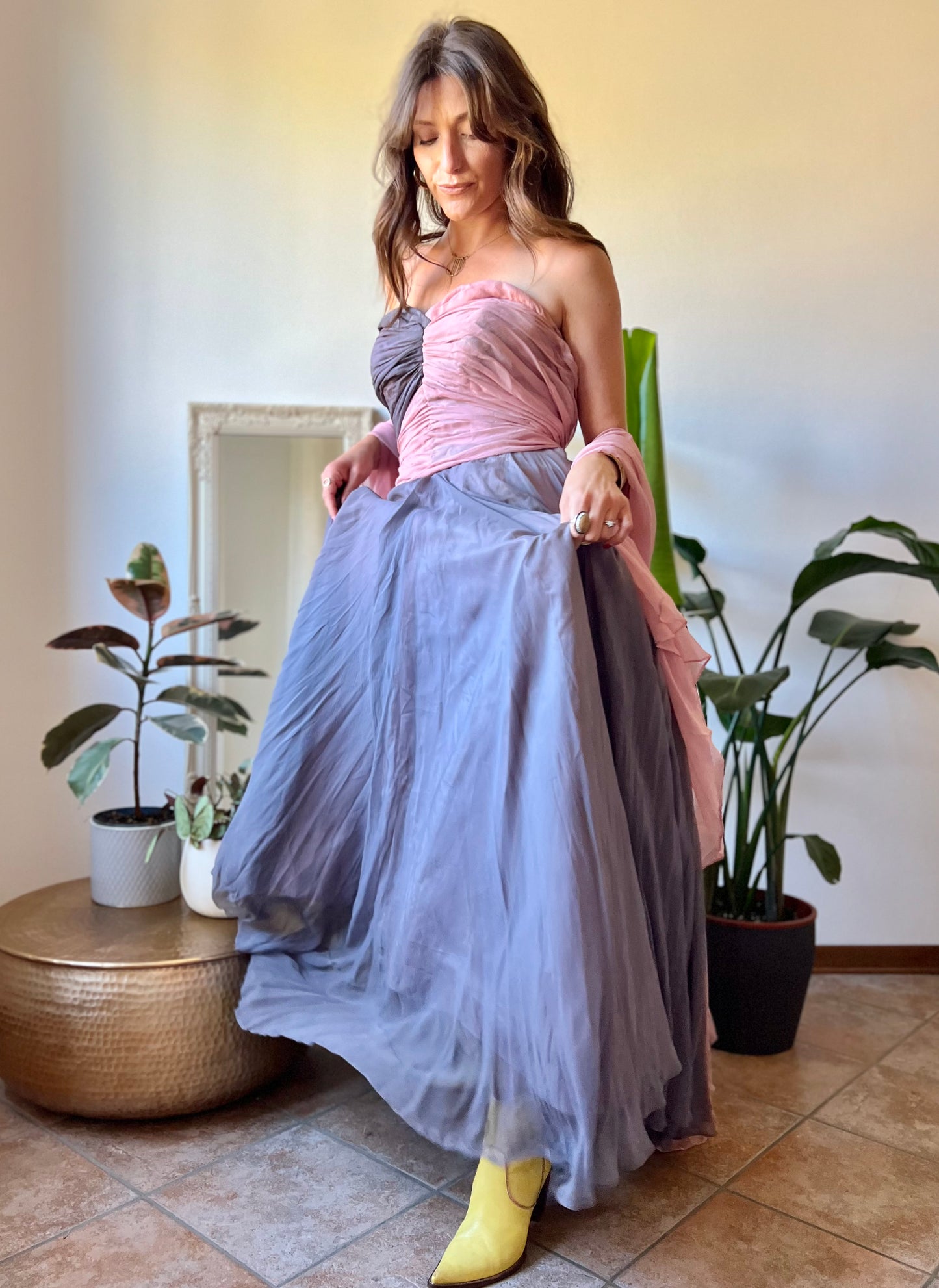 1950's vintage custom tailored powder pink and grey evening gown with matching scarf