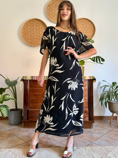 1990's vintage black floral maxi dress with beige and cream floral print