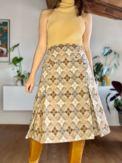 1970's vintage multi tonal brown and grey geometrical pattern pleated wool skirt