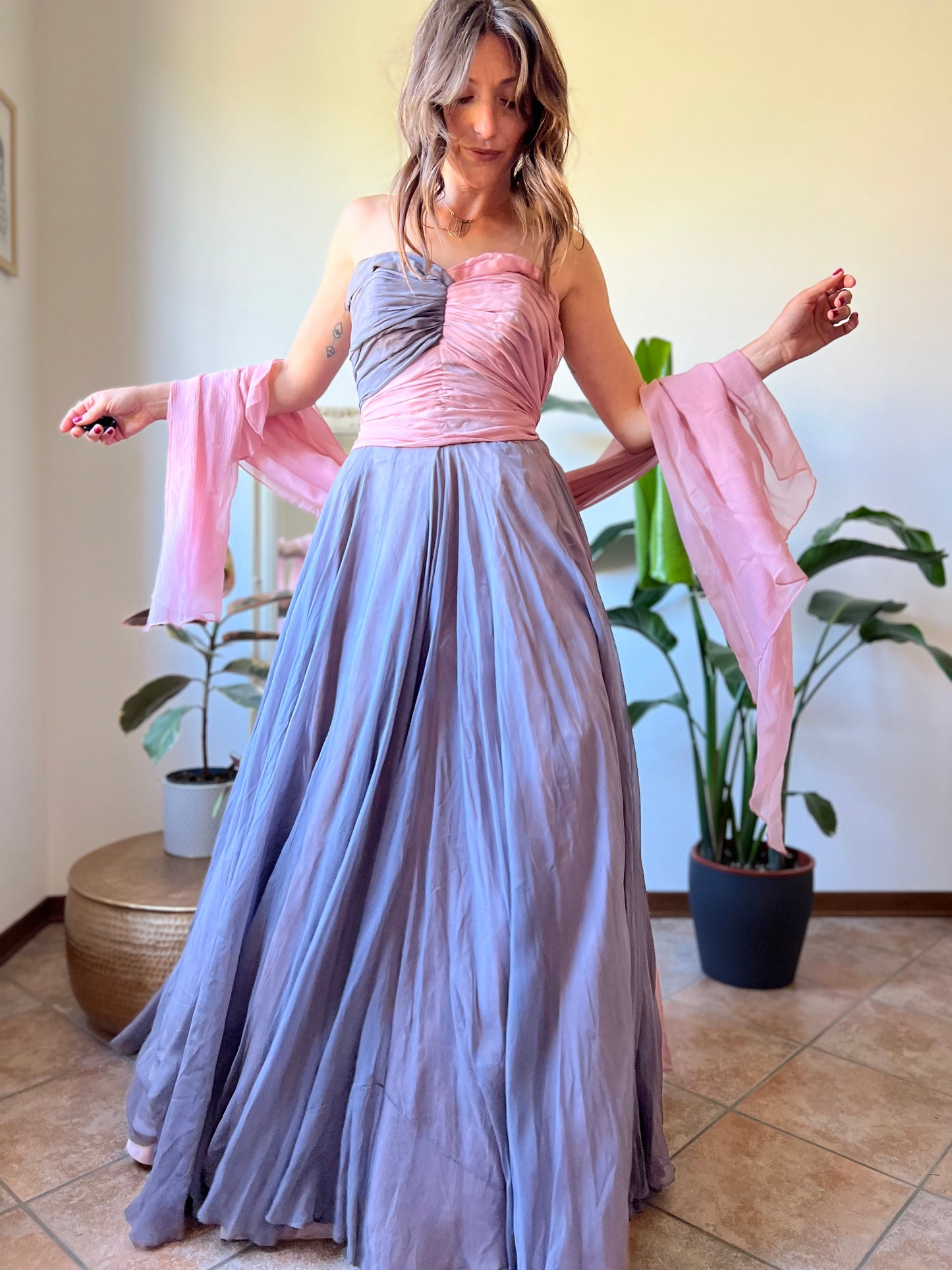 1950's vintage custom tailored powder pink and grey evening gown with matching scarf