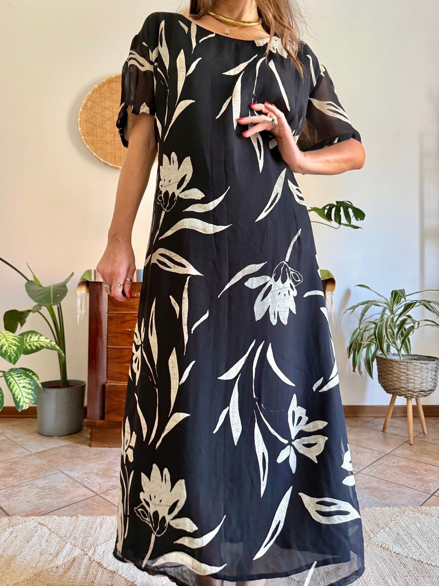 1990's vintage black floral maxi dress with beige and cream floral print