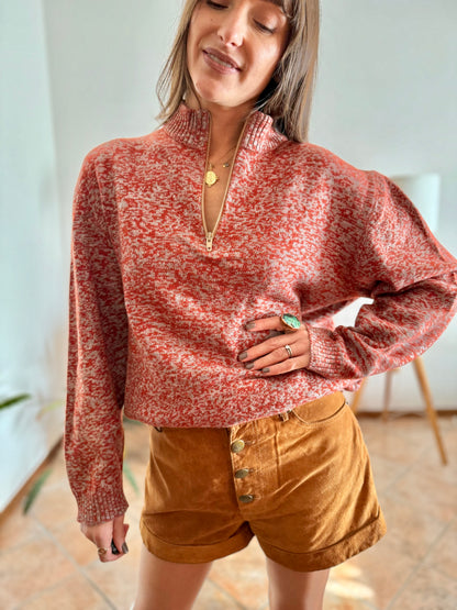 1990's vintage dark orange and grey knit half zip wool knit pullover