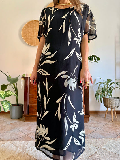 1990's vintage black floral maxi dress with beige and cream floral print