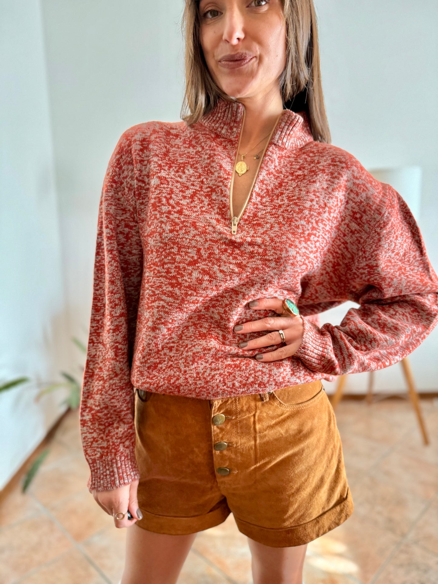 1990's vintage dark orange and grey knit half zip wool knit pullover