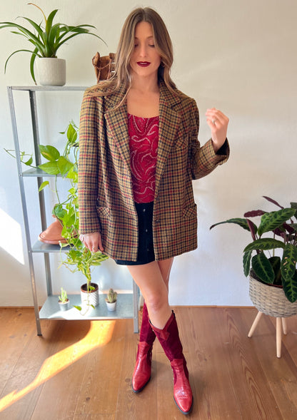 1970's vintage khaki, burgundy and black vintage houndstooth jacket