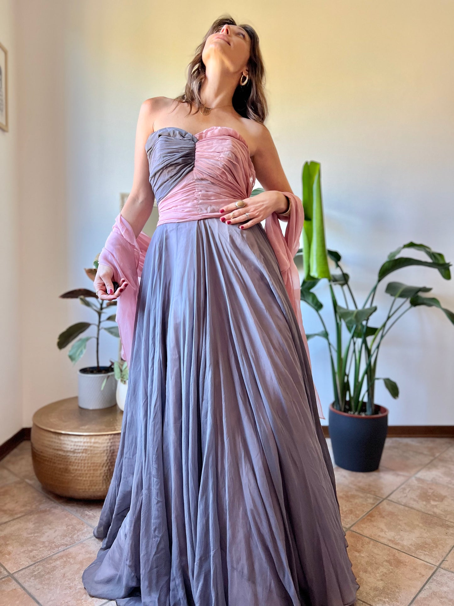 1950's vintage custom tailored powder pink and grey evening gown with matching scarf