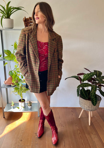 1970's vintage khaki, burgundy and black vintage houndstooth jacket