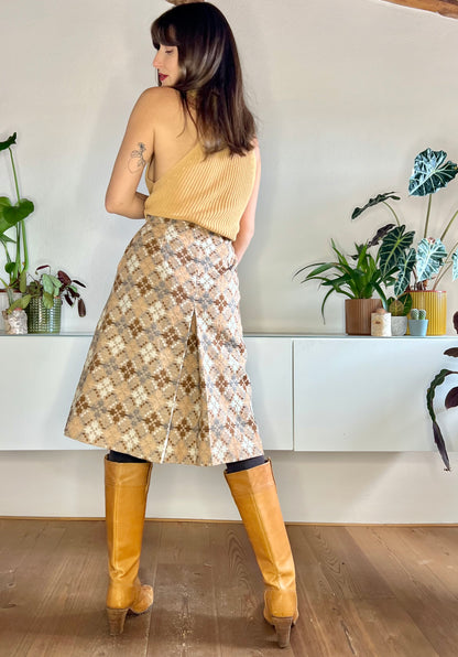 1970's vintage multi tonal brown and grey geometrical pattern pleated wool skirt