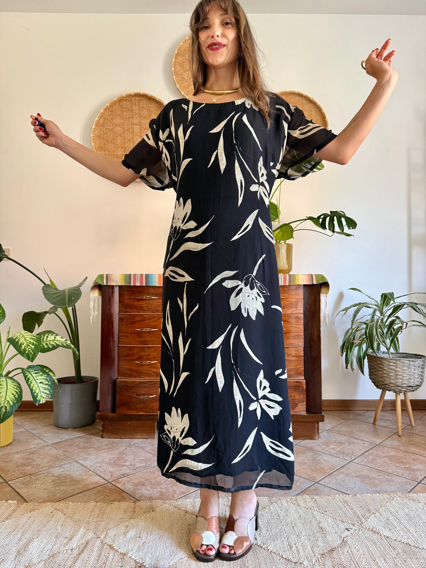 1990's vintage black floral maxi dress with beige and cream floral print
