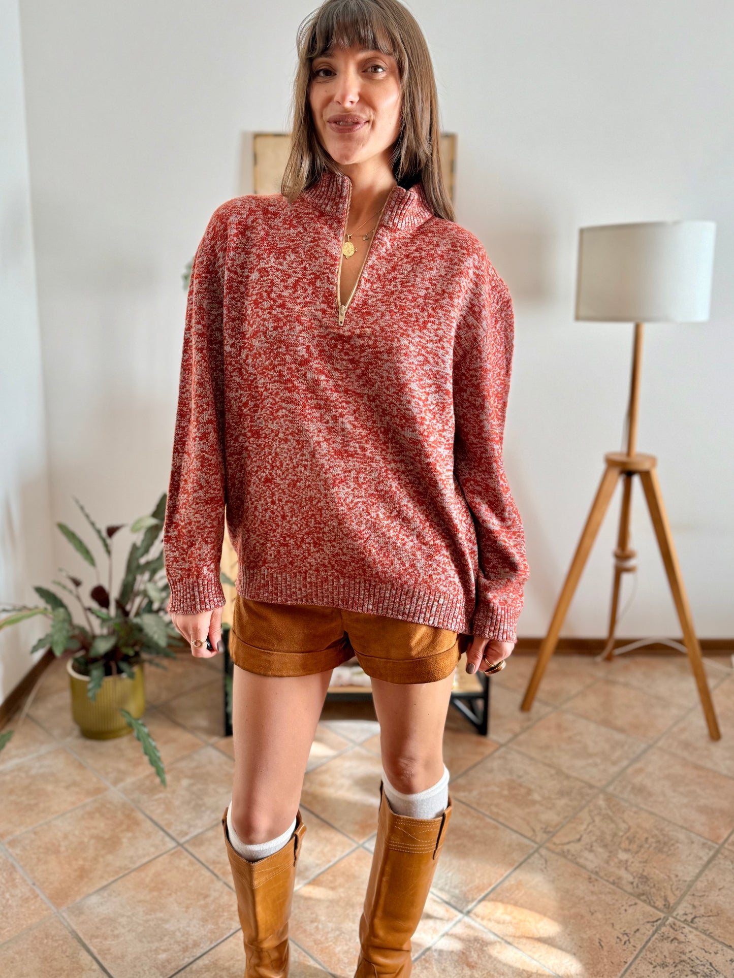 1990's vintage dark orange and grey knit half zip wool knit pullover