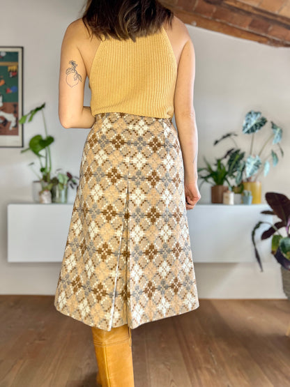 1970's vintage multi tonal brown and grey geometrical pattern pleated wool skirt