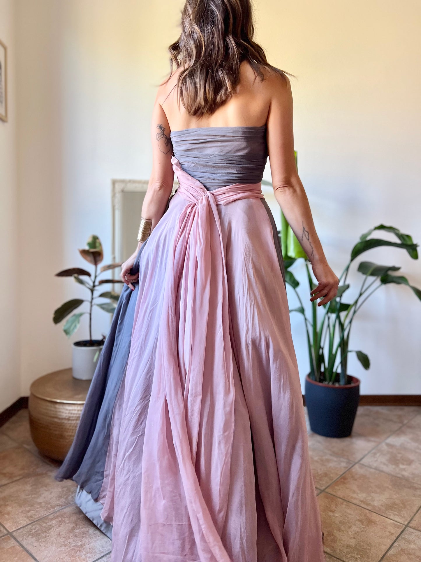 1950's vintage custom tailored powder pink and grey evening gown with matching scarf