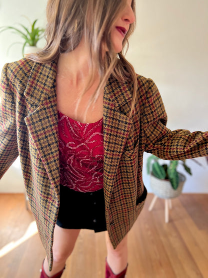 1970's vintage khaki, burgundy and black vintage houndstooth jacket