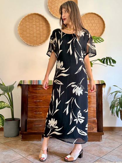 1990's vintage black floral maxi dress with beige and cream floral print