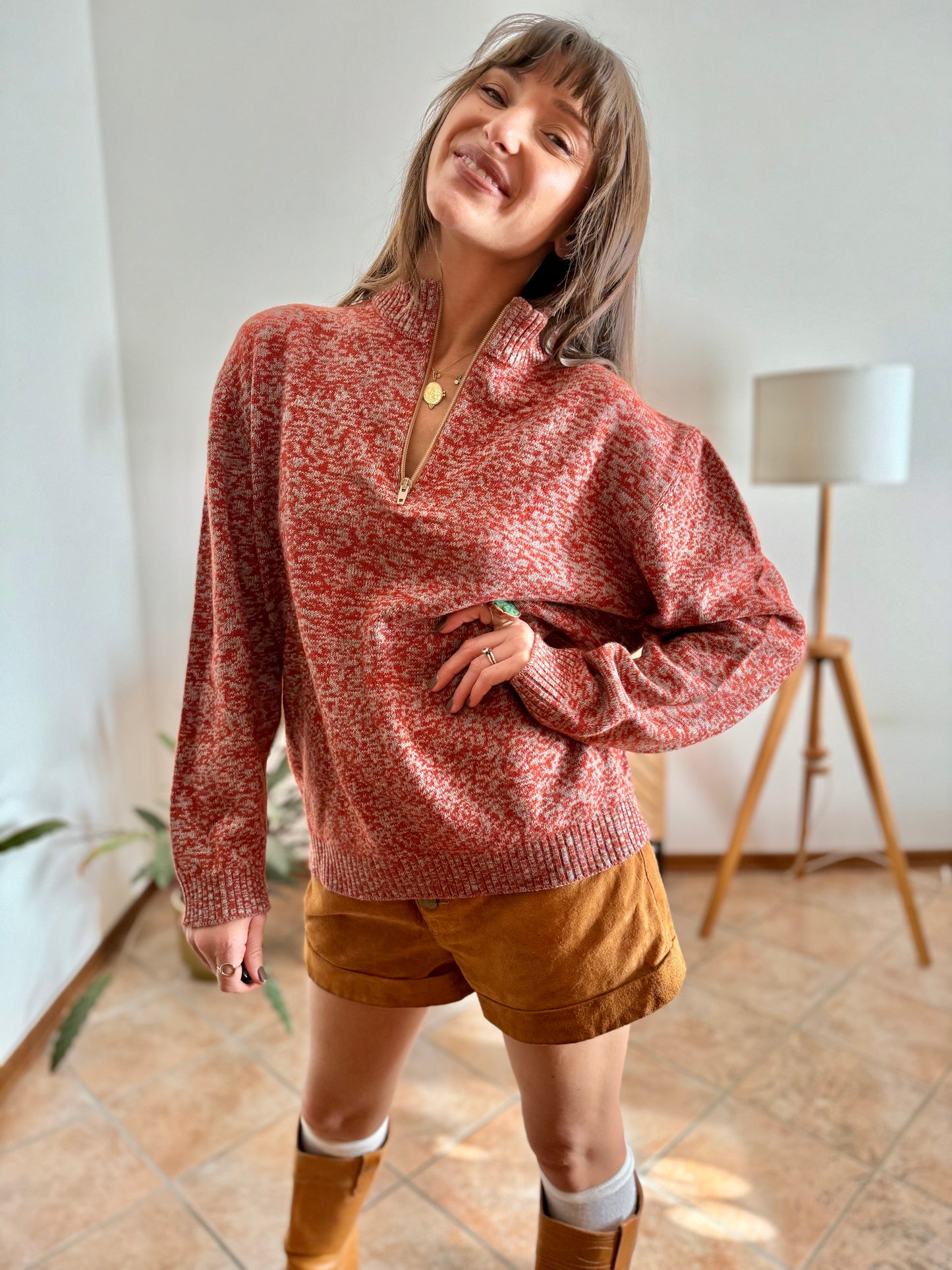 1990's vintage dark orange and grey knit half zip wool knit pullover