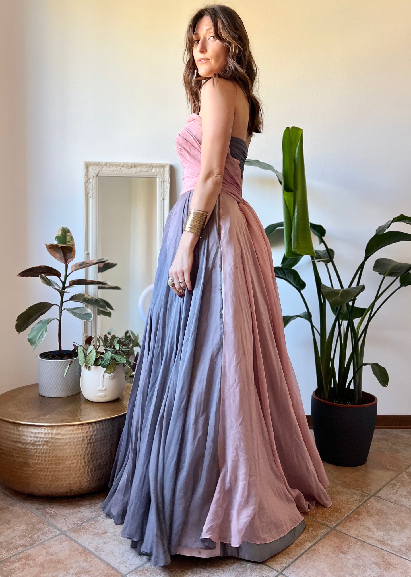 1950's vintage custom tailored powder pink and grey evening gown with matching scarf