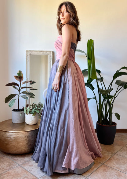 1950's vintage custom tailored powder pink and grey evening gown with matching scarf