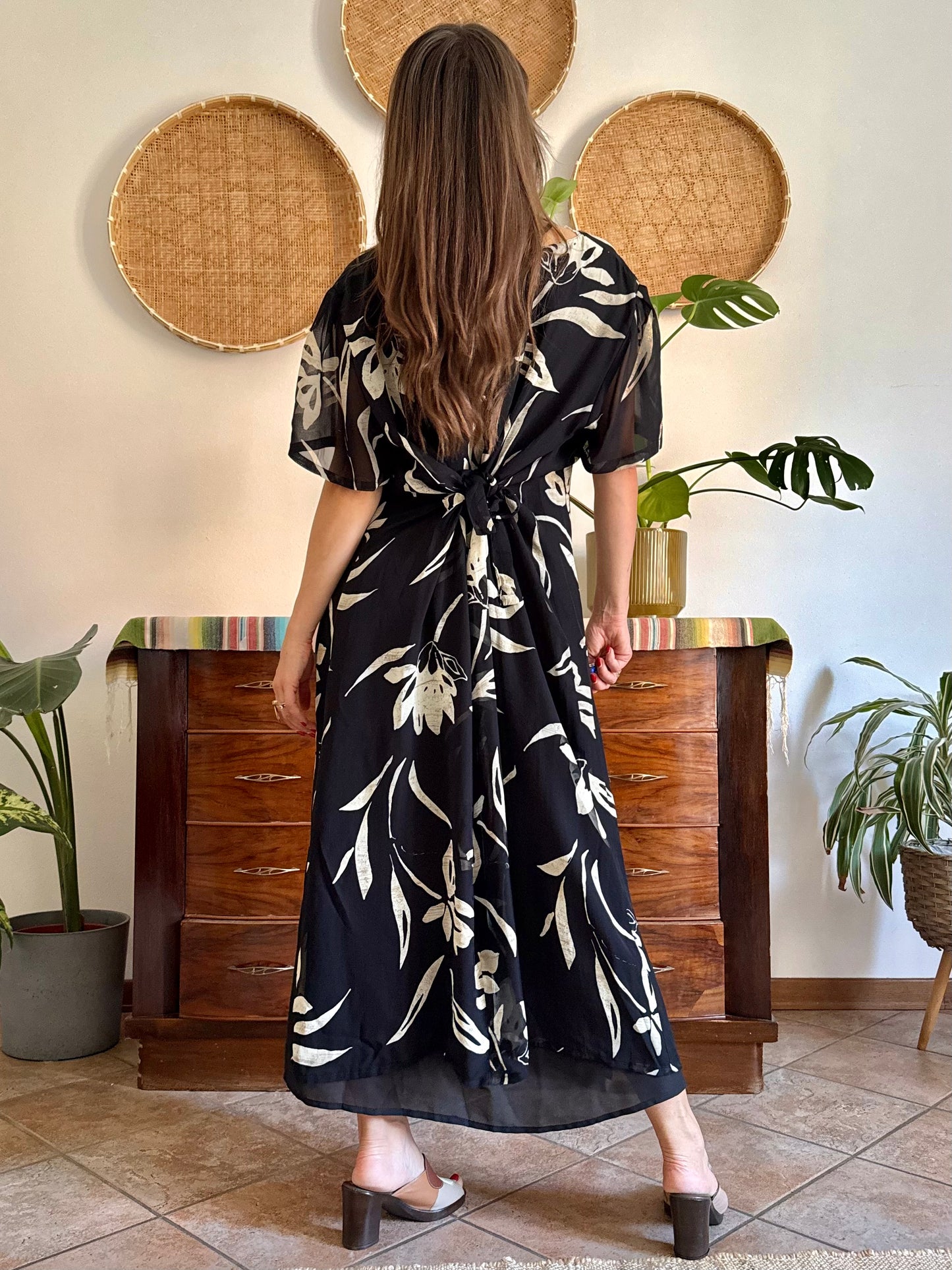 1990's vintage black floral maxi dress with beige and cream floral print