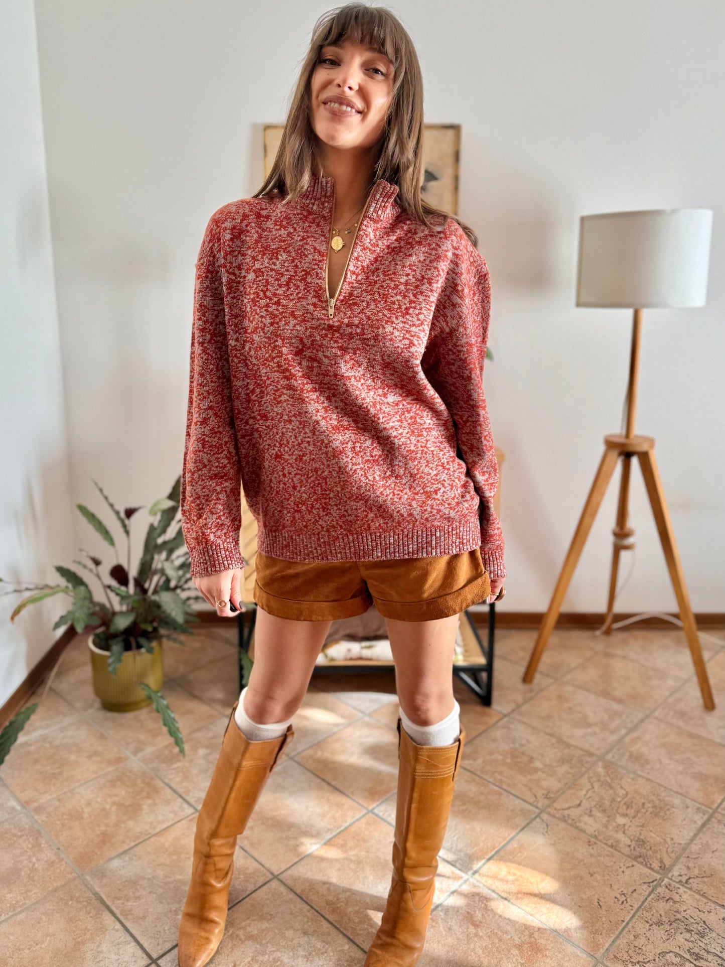 1990's vintage dark orange and grey knit half zip wool knit pullover