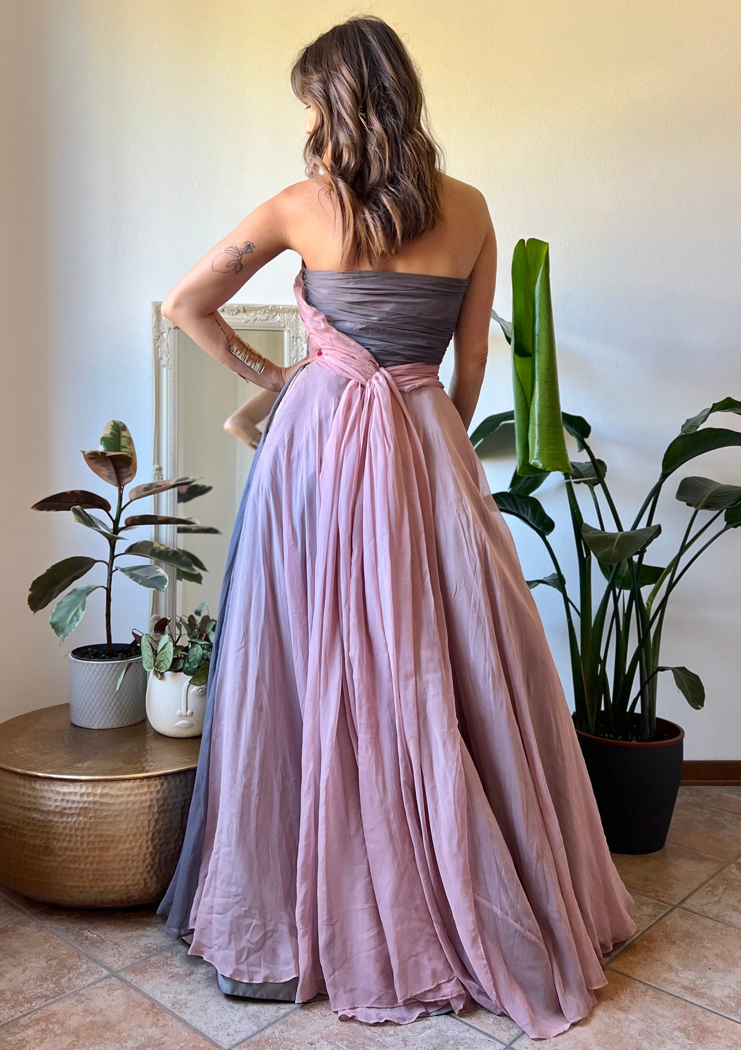 1950's vintage custom tailored powder pink and grey evening gown with matching scarf