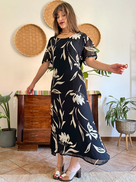 1990's vintage black floral maxi dress with beige and cream floral print