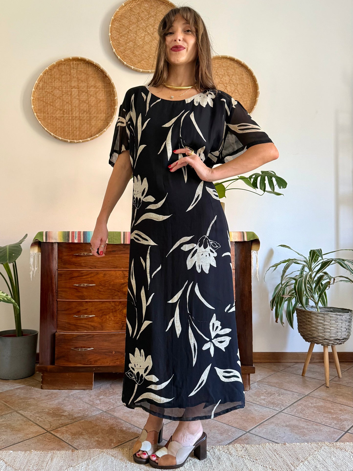 1990's vintage black floral maxi dress with beige and cream floral print