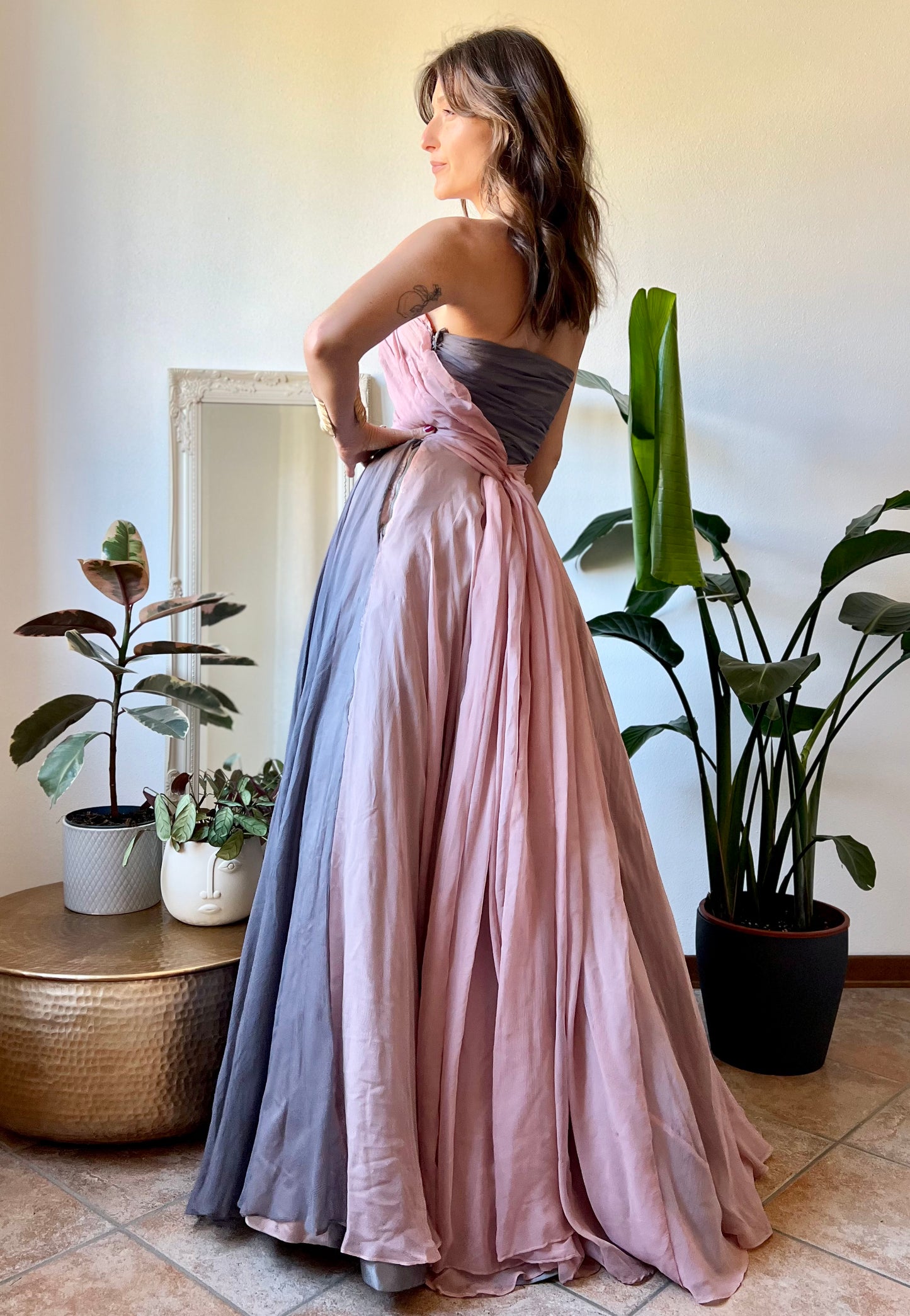 1950's vintage custom tailored powder pink and grey evening gown with matching scarf