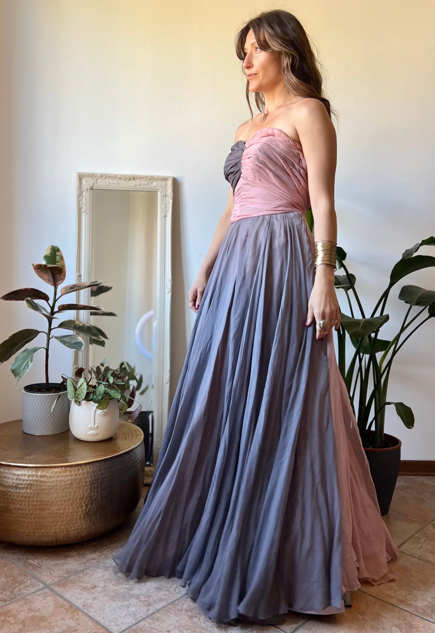 1950's vintage custom tailored powder pink and grey evening gown with matching scarf