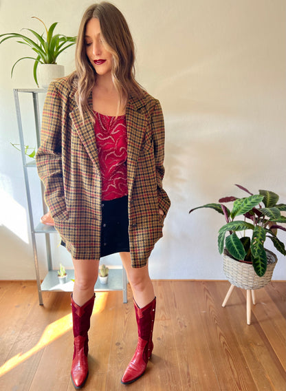 1970's vintage khaki, burgundy and black vintage houndstooth jacket